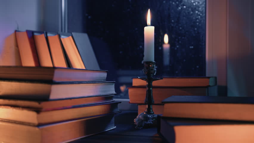 Vintage background. Stack of paper books near rainy window. Bronze candlestick.