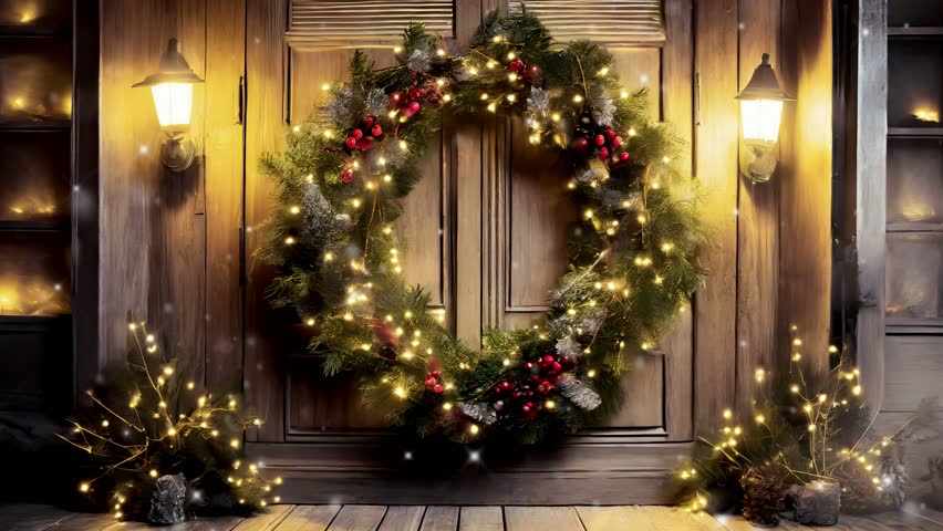 Christmas wreath on wooden door , wishing of Merry Christmas and a Happy New Year