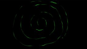 Twisted acid spiral on a black screen. Video transition with wrap in 4K with alpha channel. Hypnotic green line.