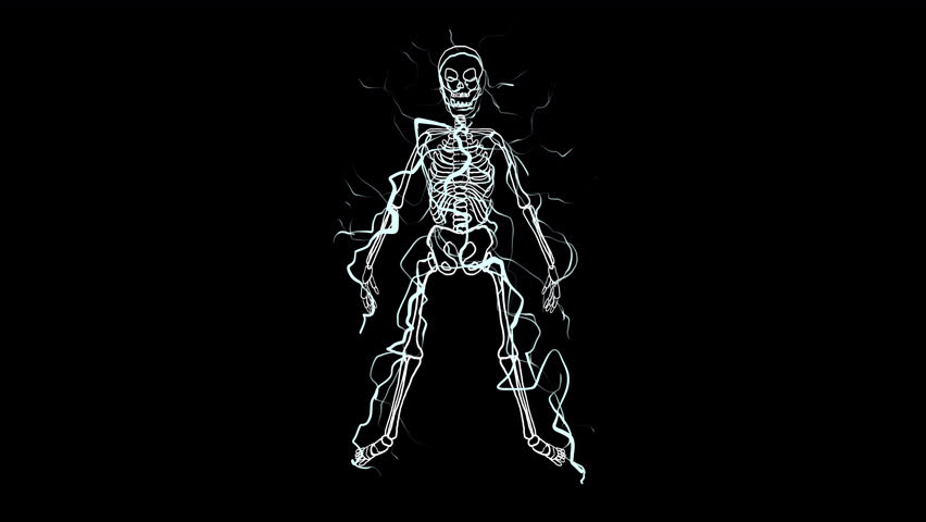 Electric shock animation. Human convulsions after being struck by 220 volts. The trailing skeleton contorts in various positions with lightning bolts. An effect to add to a video of a person. | Shutterstock HD Video #1111799195