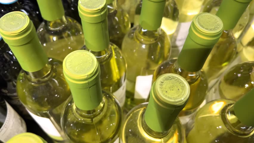 Top down view of white wine bottles line up on the shelf of an ABC store, liquor store or supermarket