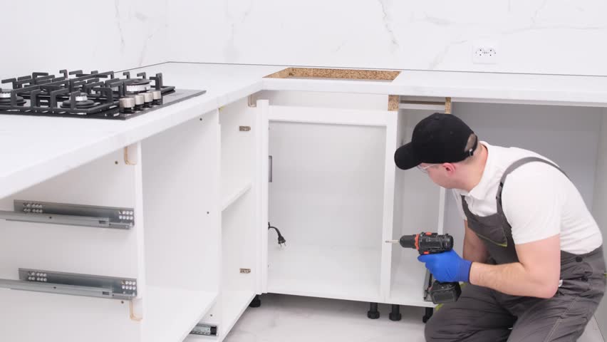 Busy handyman in overalls, installing new kitchen furniture indoors. | Shutterstock HD Video #1111800575