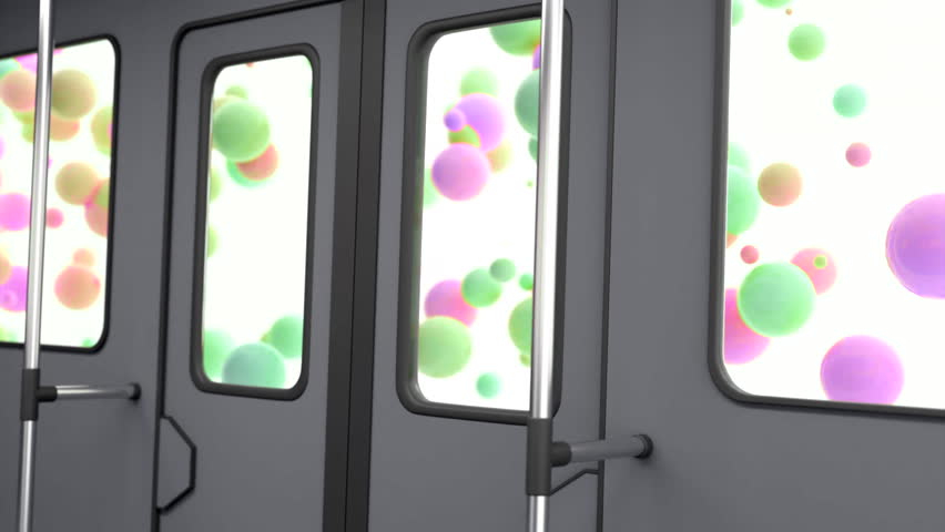 Bunch of colorful balloons rising up on white background behind the windows of a bus or tram. Design. Concept of childhood and fantasy. | Shutterstock HD Video #1111801403