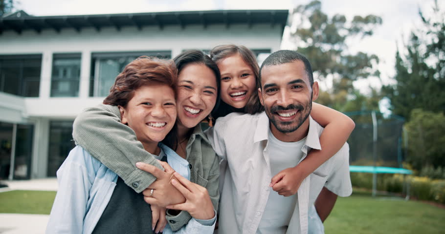 Happy family, hug and new home on lawn in real estate, property or investment together outdoor. Portrait of mother, father and children smile in garden for moving in, relocation or apartment outside | Shutterstock HD Video #1111803593