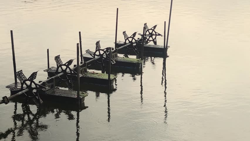 Paddle wheel aerators in the lake water. Water turbine in the pond for aquaculture farming. Increasing water circulation. Wastewater treatment.