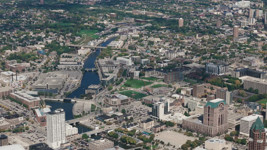 Drone wide view of downtown Milwaukee city, Michigan lake shoreline., Wisconsin, USA