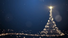 Glowing gold Christmas tree animation with particles lights stars and snowflakes on blue. Holiday concept and background 4k - Powered by Shutterstock - Get 15% off with code: PIKWIZARD15