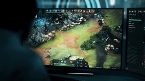 Spectator following the esports championship of a moba game between pro players. Player participating in the esports championship. Player tactically attack the enemy boss in esports championship match