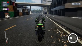 Rider struggles to drive a sports motorbike in the competitive online racing. Rider coming last to the finish in the motorbike racing simulator. Rider player losing a motorbike racing game level.
