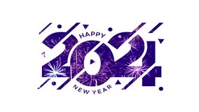 Happy New Year 2024 neon light brightly glowing. Firework 2024 happy New Year dark night sky background with decoration with a neon number on white background. 4K Video.