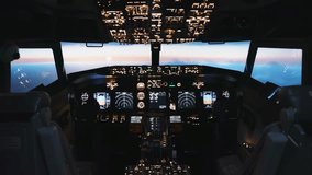 Plane Cabin without Pilot Seats in Flight in Night Time Sky. Closeup View on Control Panel of Airplane to Study Fly for Aviators. Aircraft Technology in Scenic Cockpit with Panoramic Skyline - Powered by Shutterstock - Get 15% off with code: PIKWIZARD15