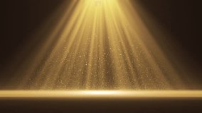 4K Spotlight with flying particles. Gold color rays. Empty scene with light for product. Xmas background. Isolated on black. Christmas animation