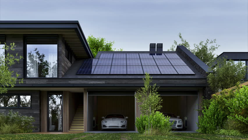 Energy-Efficient Modern Home. Charging Electric Vehicles with Solar Panels at Home Royalty-Free Stock Footage #1111809977