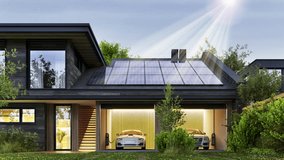 Energy-Efficient Modern Home. Charging Electric Vehicles with Solar Panels at Home - Powered by Shutterstock - Get 15% off with code: PIKWIZARD15