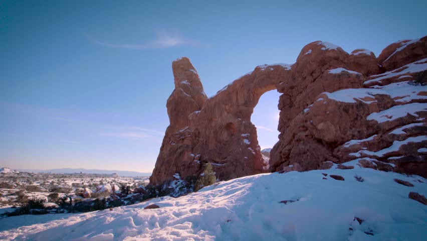 The Turret arch at the national park in winter in Utah