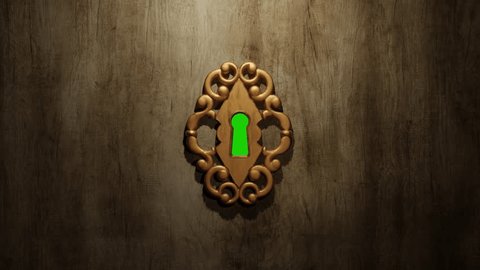 Wall or door with a keyhole. The camera flies through the keyhole and and reveals the green screen - video transition	 Stockvideó