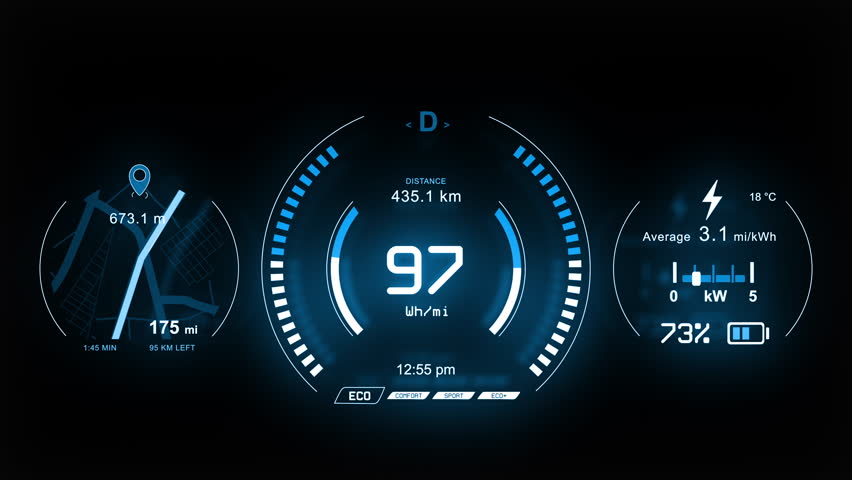 Digital car dashboard with navigation, speedometer, battery indicator. Electric Car Display Infographics. Futuristic car HUD.