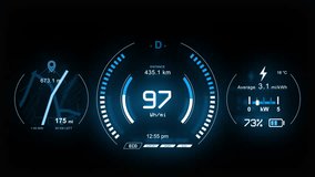 Digital car dashboard with navigation, speedometer, battery indicator. Electric Car Display Infographics. Futuristic car HUD. - Powered by Shutterstock - Get 15% off with code: PIKWIZARD15