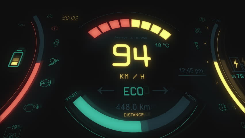 Electric Car Display. Car dashboard panel in electric vehicle. Modern digital screen with speedometer, battery range display and other info. Close up car panel signs.