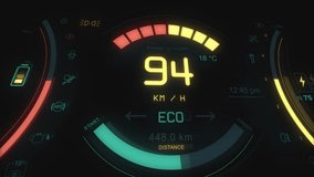 Electric Car Display. Car dashboard panel in electric vehicle. Modern digital screen with speedometer, battery range display and other info. Close up car panel signs. - Powered by Shutterstock - Get 15% off with code: PIKWIZARD15