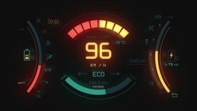 Electric Car Display Infographics. Car dashboard panel. Futuristic car HUD showing speed, battery charge, data. Close up car panel signs. - Powered by Shutterstock - Get 15% off with code: PIKWIZARD15