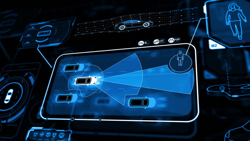 Self-driving car system. Driverless car infographics. Futuristic smart sensing system. Futuristic Interface. Holographic Display.