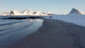 4k drone forward video (Ultra High Definition) of Storsandnes Beach, Norway, Europe. Exciting winter scene of Lofoten Islands. Splendid morning seascape of Norwegwan sea. Life over polar circle.