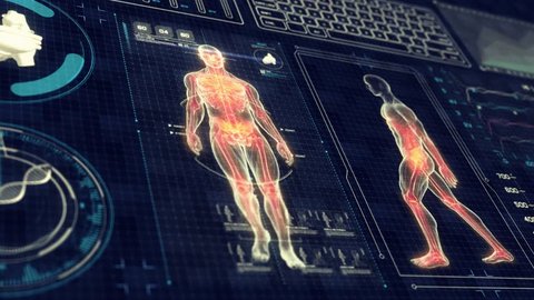 Human Anatomy WALKING with Futuristic Touch Screen Scan Interface in 3D x-ray - LOOP Video de stock