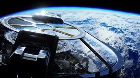 high-tech laboratory made of metal and glass, reminiscent of a spaceship, rotating in orbit around Earth. elements furnished by nasa - Powered by Shutterstock - Get 15% off with code: PIKWIZARD15