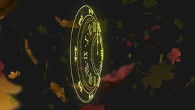 Animation of yellow clock with fast moving hands over falling autumn leaves on black background. Nature, season, time, digital interface and change digitally generated video. - Powered by Shutterstock - Get 15% off with code: PIKWIZARD15
