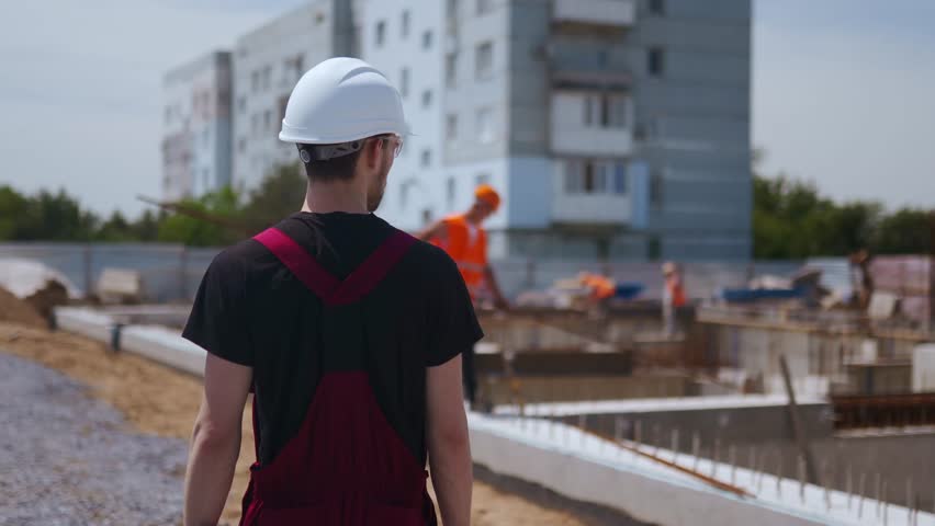 Following Back Shot of Professional Construction Worker Wearing Hard Hat Holds Tablet Computer, Walking Through Modern Industrial Manufacturing Facility | Shutterstock HD Video #1111830233