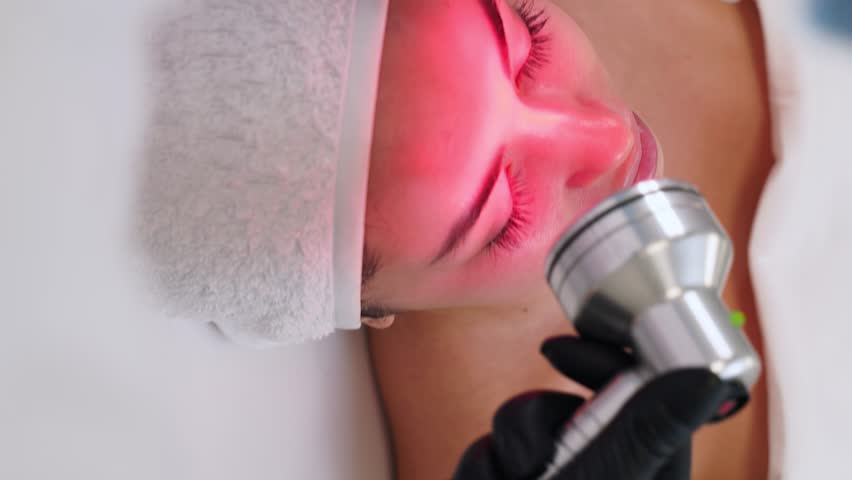 Client undergoes LED red light facial treatment for skin rejuvenation at modern beauty salon. Anti-aging, collagen boost, acne therapy session with non-invasive tech for radiant complexion. | Shutterstock HD Video #1111830267