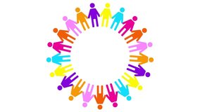Animated colorful circle of people turns around. Symbols of people are holding hands. Concept of social, teamwork, connection, communication, society. Looped video. Vector illustration isolated on whi