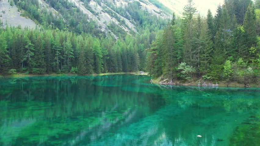 Aerial of Gruner See, beautiful green alpine lake with crystal clear water in spring, Gruner See, Styria, Austria, Europe