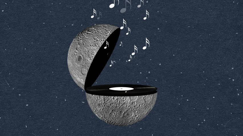 Globe in shape of music box, gramophone on starry background. Fantastic sounds. Stop motion, animation. Concept of music lifestyle, creativity, inspiration, imagination, ad.