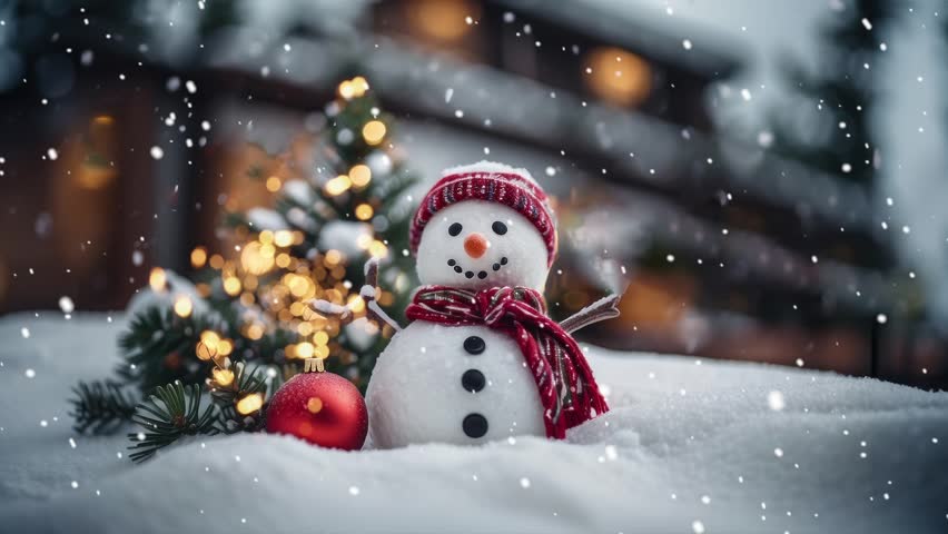 little snowman and Christmas tree on the snow with Christmas decoration and lightning in the winter. Winter holiday background. snowman with hat and scarf. snowy landscape in the forest 4K loop Royalty-Free Stock Footage #1111835967