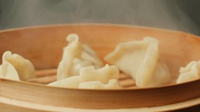 Japanese gyoza on wooden steamer close-up. Fried dumplings with meat. Steaming Technique. Cooking at cafe, restaurant. Homemade. Delivery - Powered by Shutterstock - Get 15% off with code: PIKWIZARD15
