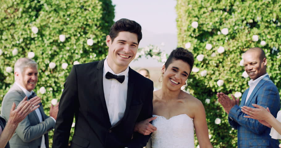 Wedding, love and smile with couple at reception for romance, marriage ceremony and event. Bride, groom and support with man and woman in outdoor for happiness, future and commitment together | Shutterstock HD Video #1111840319