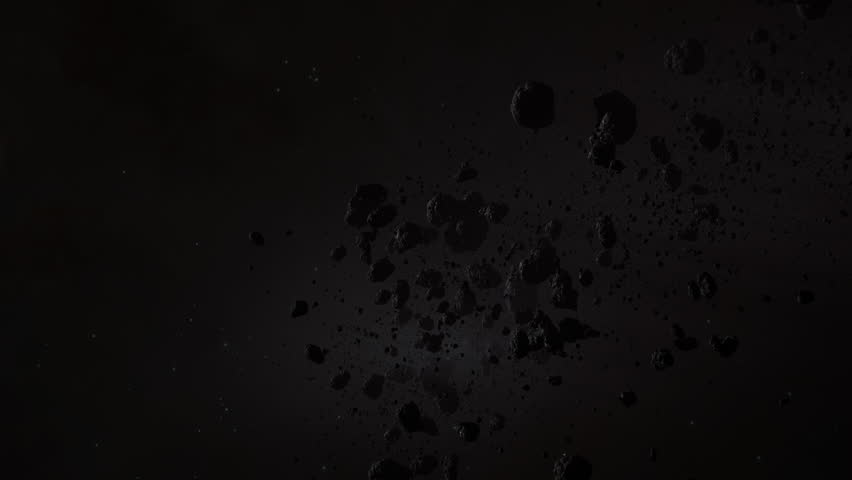 Asteroid belt field in dark outer space. 3D animation wide roll tracking shot. Rock formations of cosmic debris and giant Meteorites. Celestial objects on stars background. Dust nebula haze low light. | Shutterstock HD Video #1111841009
