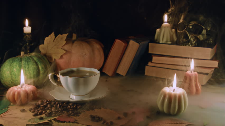 Porcelain coffee cup among pumpkin candles.Autumn-themed content,cafe promotions | Shutterstock HD Video #1111842267