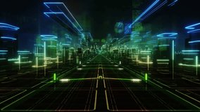Futuristic Abstract Loopable Background Infinite Road with Charts and City Skyline in the Background. Technology Concept. Green and Blue. Flying Over a Magic Virtual World, Metaverse. - Powered by Shutterstock - Get 15% off with code: PIKWIZARD15