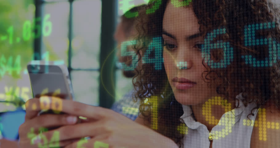 Animation of financial data processing over biracial woman using smartphone. Global business, computing, digital interface and data processing concept digitally generated video. | Shutterstock HD Video #1111843405