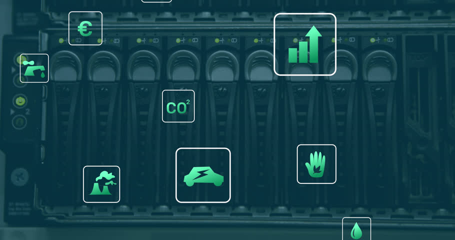 Animation of eco icons and data processing over computer servers. Global computing, digital interface and data processing concept digitally generated video. | Shutterstock HD Video #1111843455