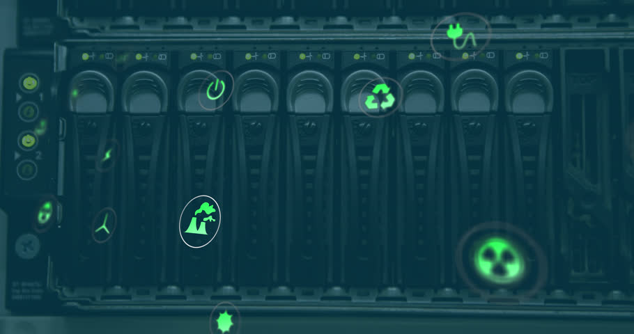 Animation of eco icons and data processing over computer servers. Global computing, digital interface and data processing concept digitally generated video. | Shutterstock HD Video #1111843715
