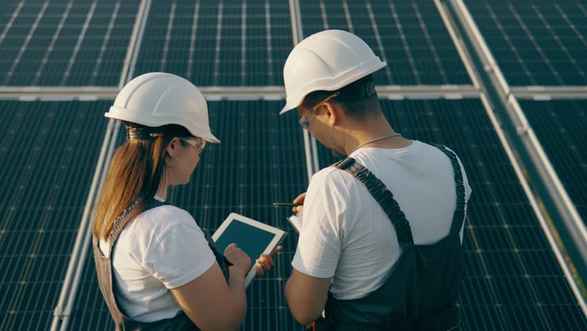Two workers discussing the installation and effectiveness of solar panels - Powered by Shutterstock - Get 15% off with code: PIKWIZARD15