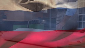 Animation of russian flag over biracial engineer checking floor plan on blueprint. Digital composite, multiple exposure, profession, freedom, government and patriotism concept. - Powered by Shutterstock - Get 15% off with code: PIKWIZARD15