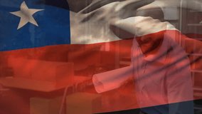 Animation of flag of chile over biracial engineer with blueprints inspecting floor plan. Digital composite, multiple exposure, profession, freedom, government and patriotism concept. - Powered by Shutterstock - Get 15% off with code: PIKWIZARD15