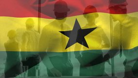 Animation of ghana flag, diverse engineer wearing helmet discussing about floor plan on blueprint. Digital composite, teamwork, planning, safety, freedom, government and patriotism concept. - Powered by Shutterstock - Get 15% off with code: PIKWIZARD15