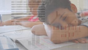 Animation of infographic interface over tired biracial boy sleeping on bench in classroom. Digital composite, multiple exposure, report, business, global, school and childhood concept. - Powered by Shutterstock - Get 15% off with code: PIKWIZARD15