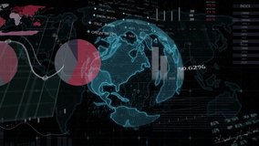Animation of multicolored infographic interface, trading board, globe and map over black background. Digitally generated, hologram, report, business, globalization, stock market concept. - Powered by Shutterstock - Get 15% off with code: PIKWIZARD15